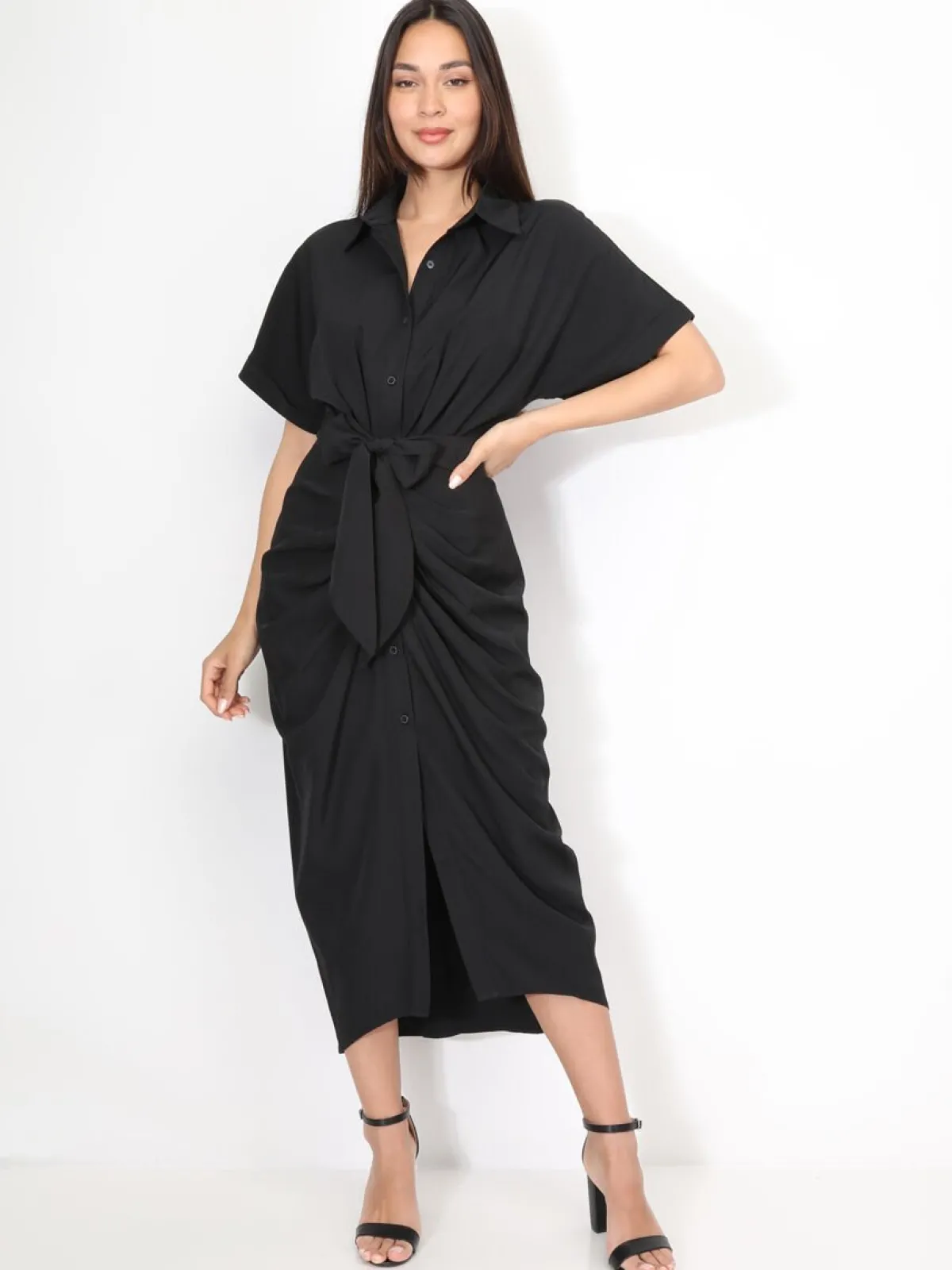 Discount La Modeuse Robe chemise à manches kimono Noir