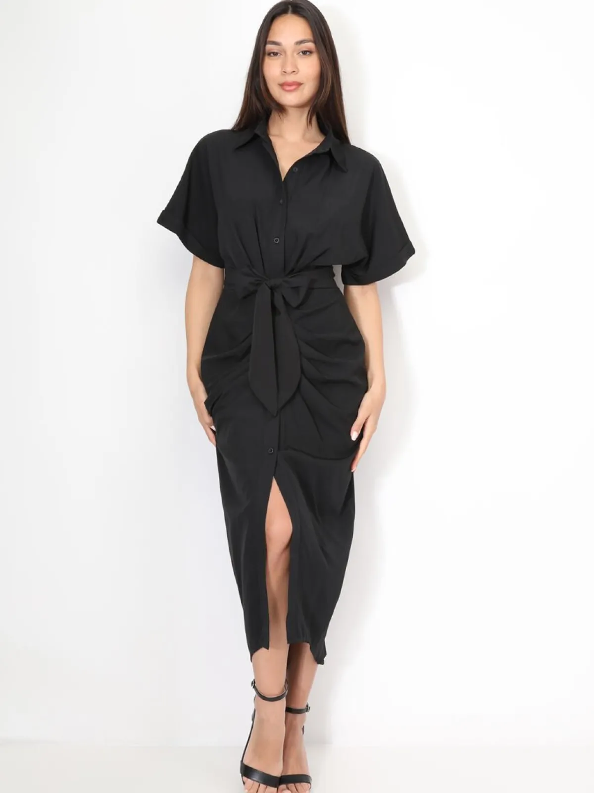 Discount La Modeuse Robe chemise à manches kimono Noir