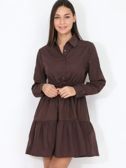 Discount La Modeuse Robe chemise à volants Marron