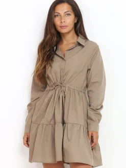 Outlet La Modeuse Robe chemise à volants Taupe
