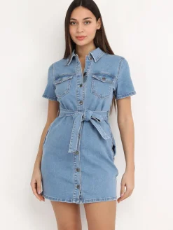Hot La Modeuse Robe chemise denim ceinturée Bleu