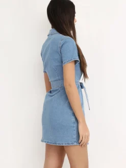 Hot La Modeuse Robe chemise denim ceinturée Bleu