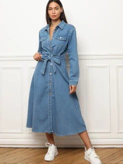 Best La Modeuse Robe chemise en denim à nouer Bleu
