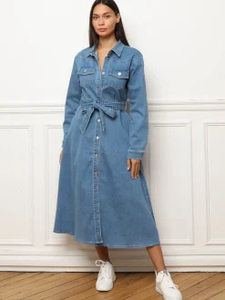 Best La Modeuse Robe chemise en denim à nouer Bleu