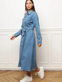 Best La Modeuse Robe chemise en denim à nouer Bleu