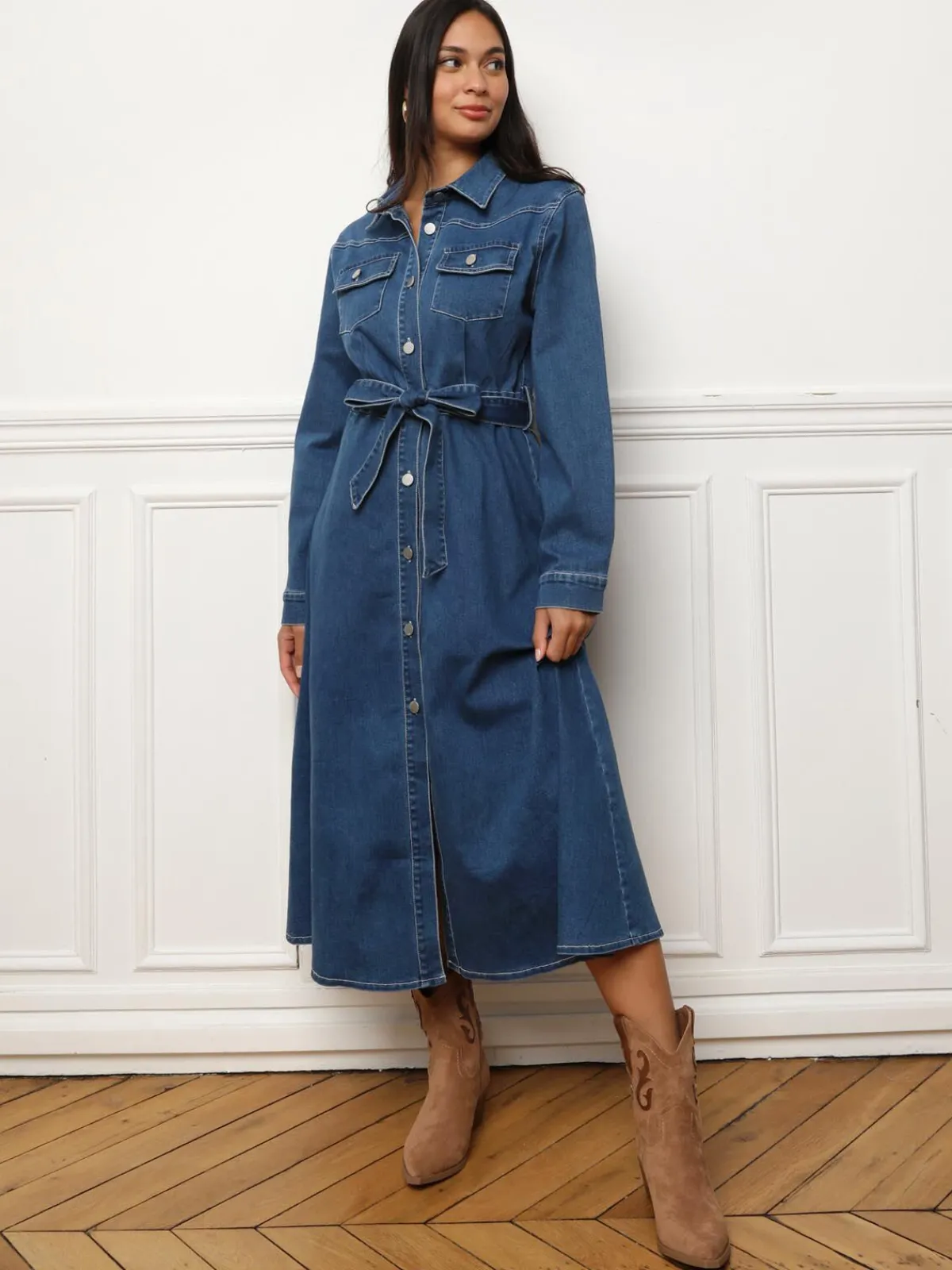 New La Modeuse Robe chemise en denim à nouer Bleufoncé