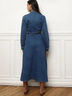 New La Modeuse Robe chemise en denim à nouer Bleufoncé