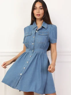 Best La Modeuse Robe chemise en denim style utilitaire Bleu