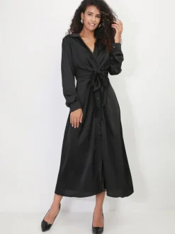 Online La Modeuse Robe chemise longue et satinée à nouer Noir