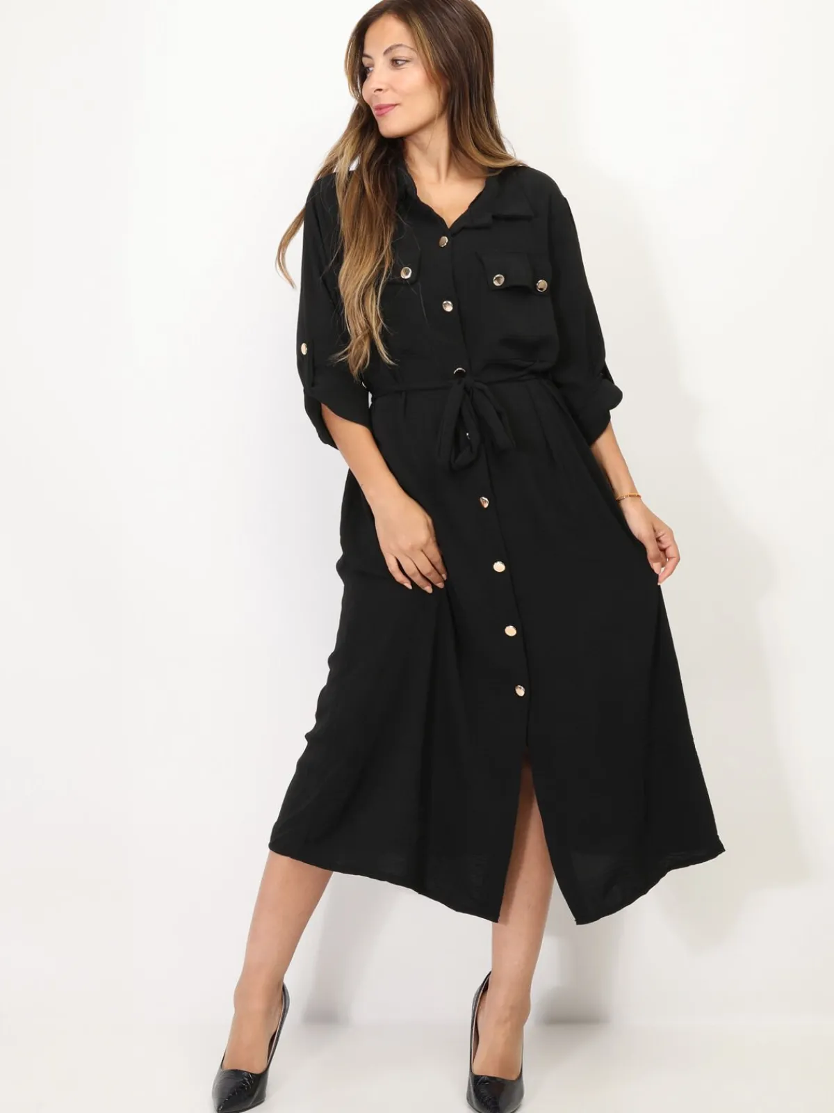 New La Modeuse Robe chemise mi-longue à ceinture Noir