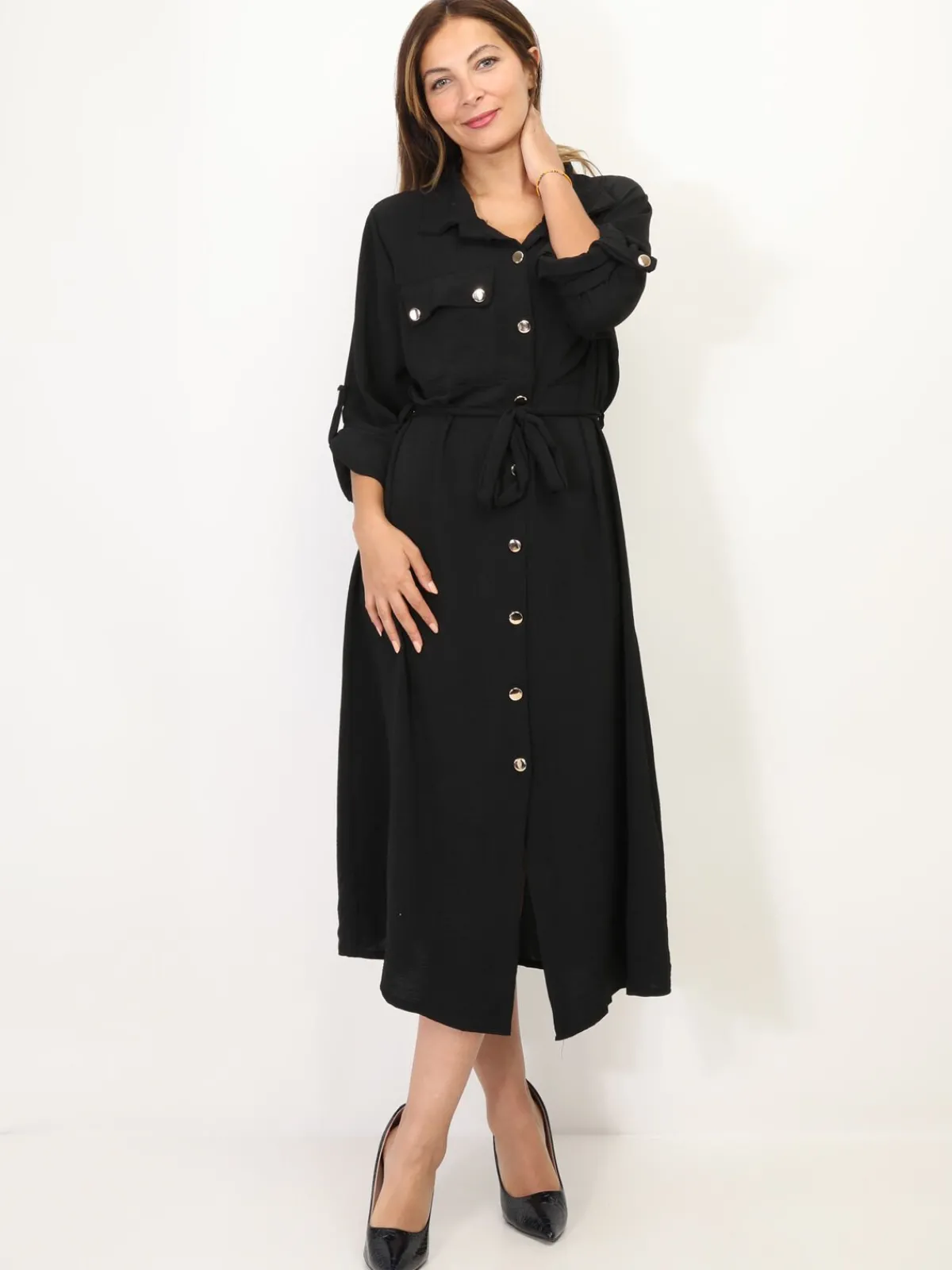 New La Modeuse Robe chemise mi-longue à ceinture Noir