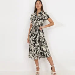 Discount La Modeuse Robe chemise mi-longue à feuilles Noir