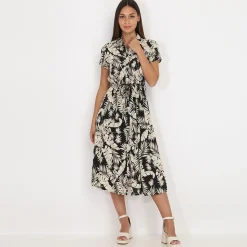 Discount La Modeuse Robe chemise mi-longue à feuilles Noir