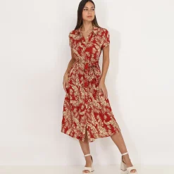 Online La Modeuse Robe chemise mi-longue à feuilles Rouge