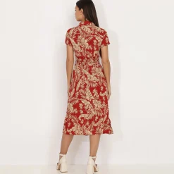 Online La Modeuse Robe chemise mi-longue à feuilles Rouge