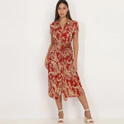 Online La Modeuse Robe chemise mi-longue à feuilles Rouge
