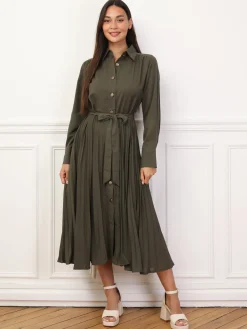 New La Modeuse Robe chemise plissée et ceinturée Kaki