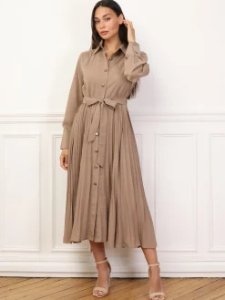 Best La Modeuse Robe chemise plissée et ceinturée Taupe