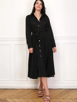 Hot La Modeuse Robe chemise plissée et ceinturée Noir