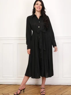 Hot La Modeuse Robe chemise plissée et ceinturée Noir