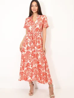 Sale La Modeuse Robe chemise évasée à motif tropical Orange