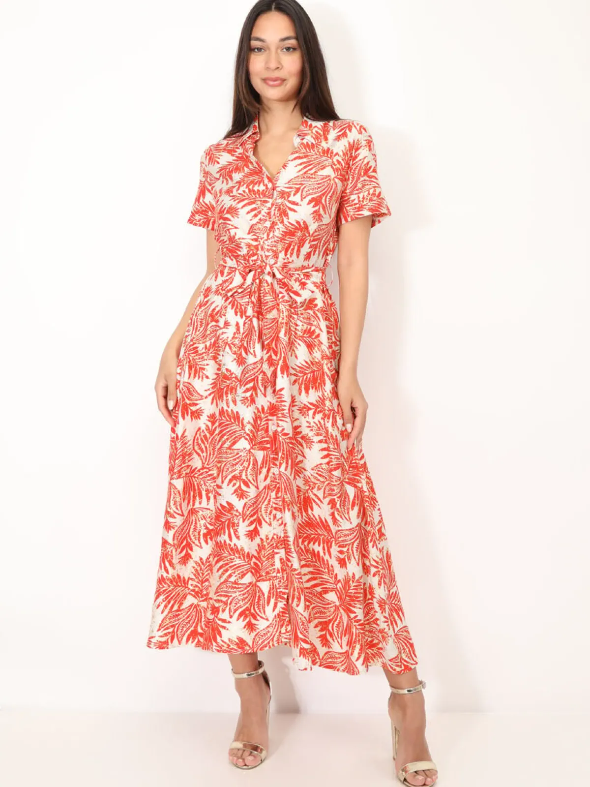Sale La Modeuse Robe chemise évasée à motif tropical Orange