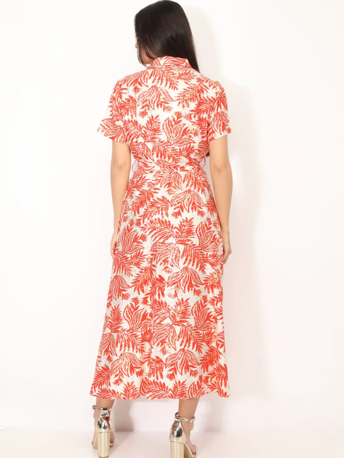 Sale La Modeuse Robe chemise évasée à motif tropical Orange