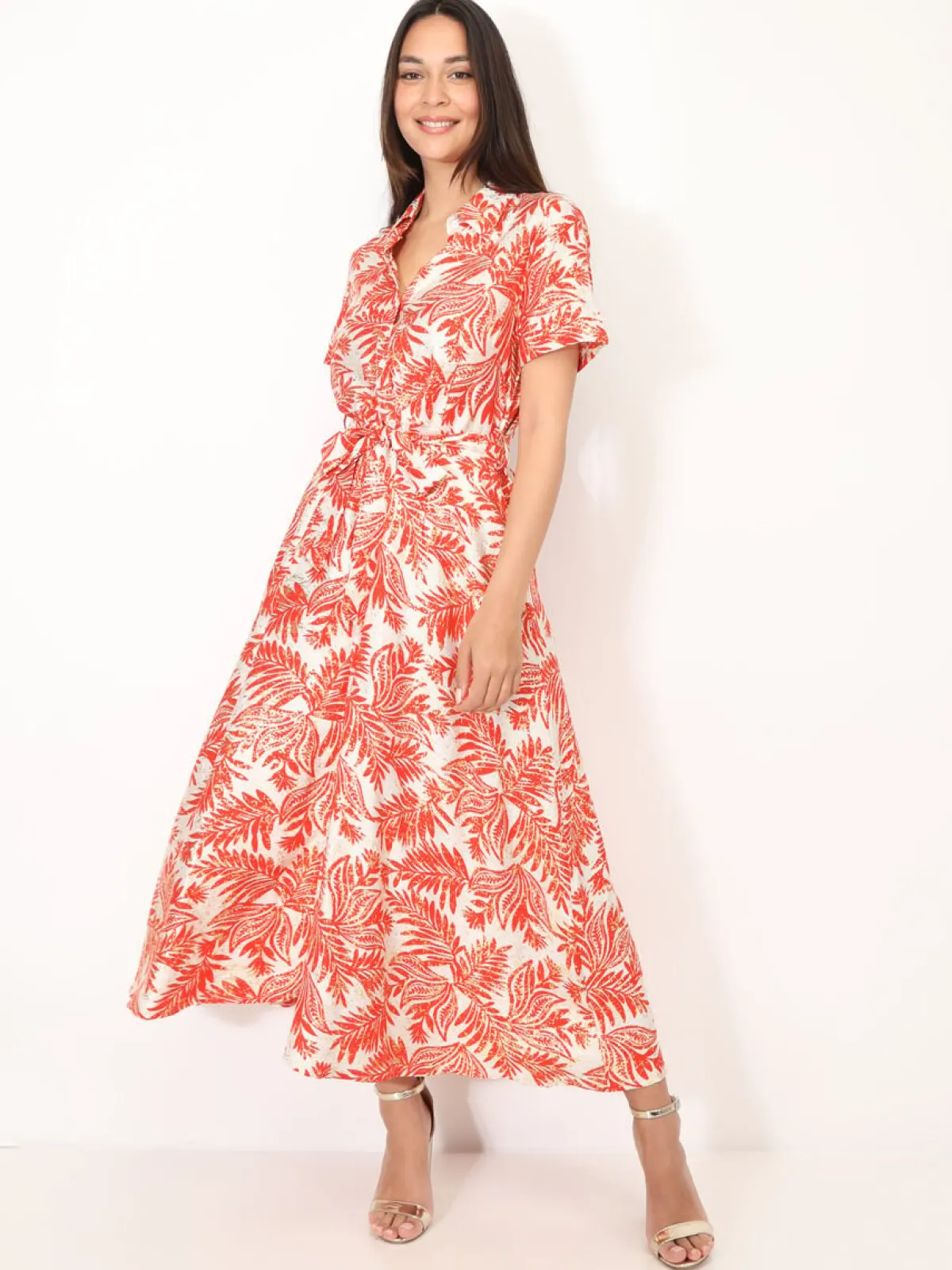Sale La Modeuse Robe chemise évasée à motif tropical Orange
