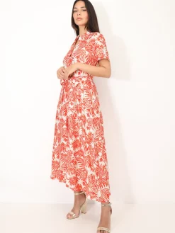 Sale La Modeuse Robe chemise évasée à motif tropical Orange