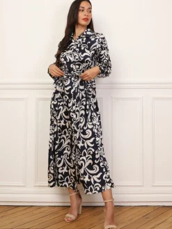 Discount La Modeuse Robe chemise évasée à motifs Bleu