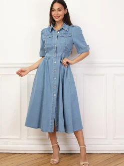 Online La Modeuse Robe chemise évasée en denim Bleu