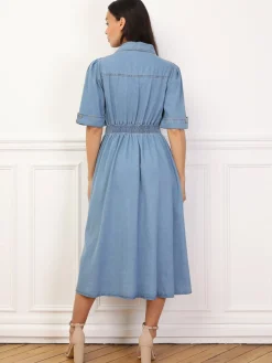 Online La Modeuse Robe chemise évasée en denim Bleu