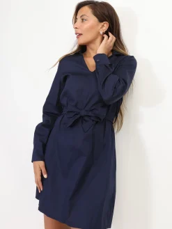Discount La Modeuse Robe chemisier à nouer BleuMarine