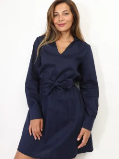 Discount La Modeuse Robe chemisier à nouer BleuMarine