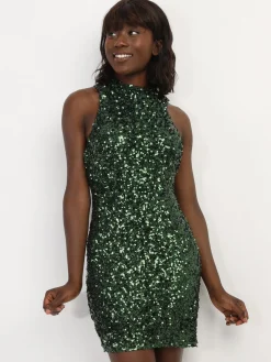 Hot La Modeuse Robe col américain à sequins Vert