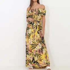 Sale La Modeuse Robe col bardot à motif fleurs tropicales Jaune