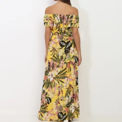 Sale La Modeuse Robe col bardot à motif fleurs tropicales Jaune