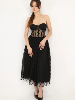 Outlet La Modeuse Robe corset en tulle à pois Noir
