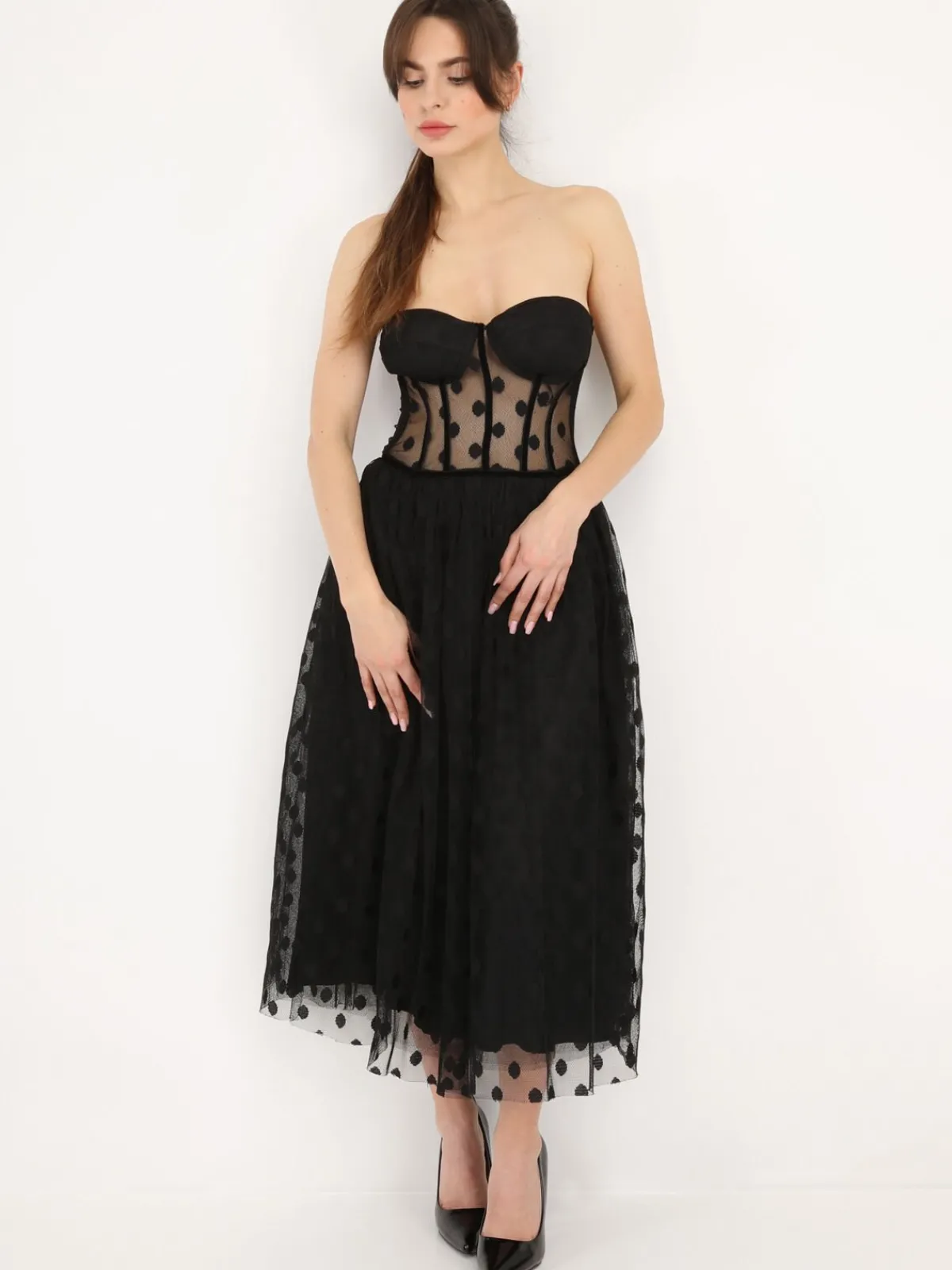 Outlet La Modeuse Robe corset en tulle à pois Noir