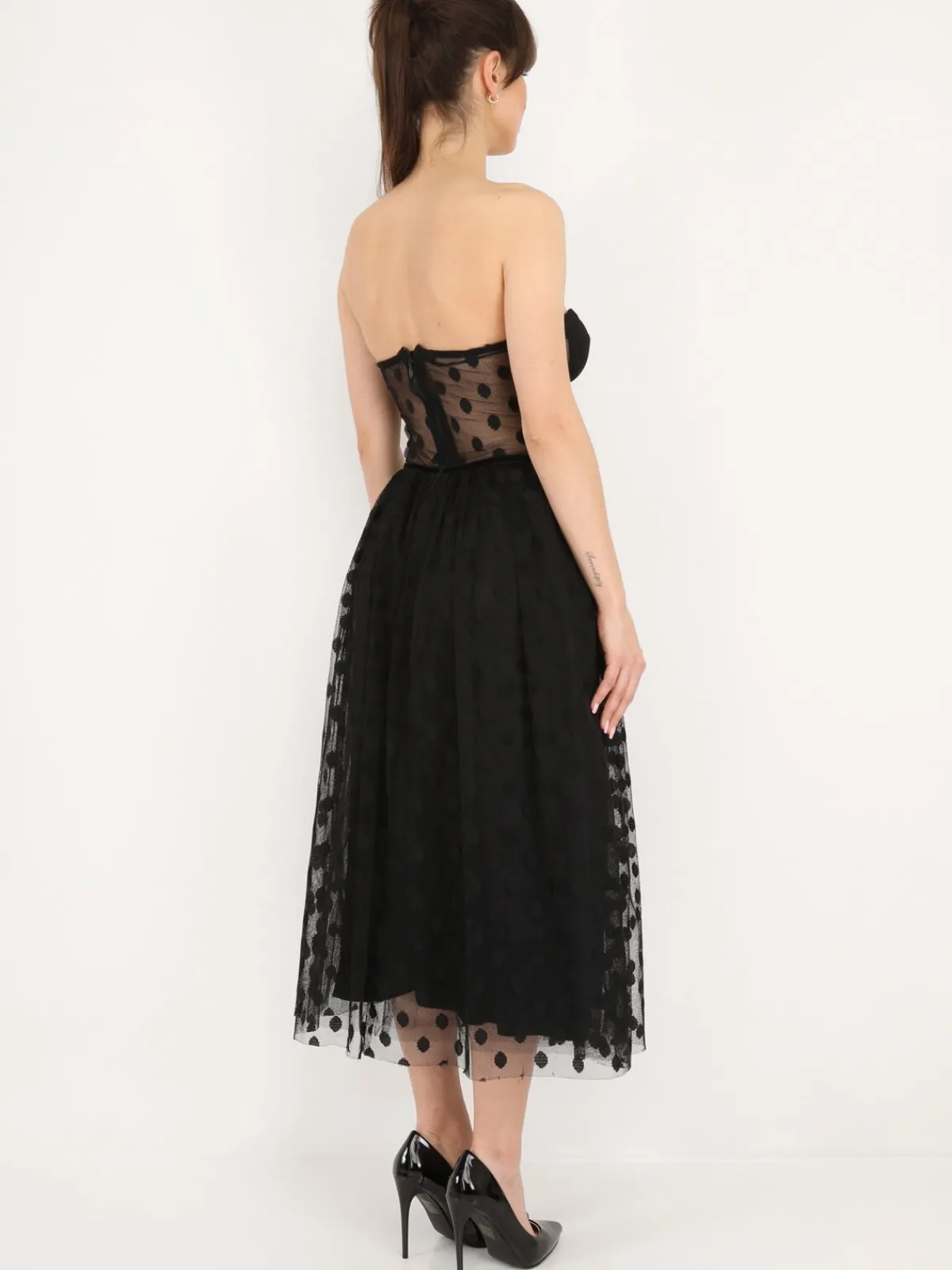 Outlet La Modeuse Robe corset en tulle à pois Noir