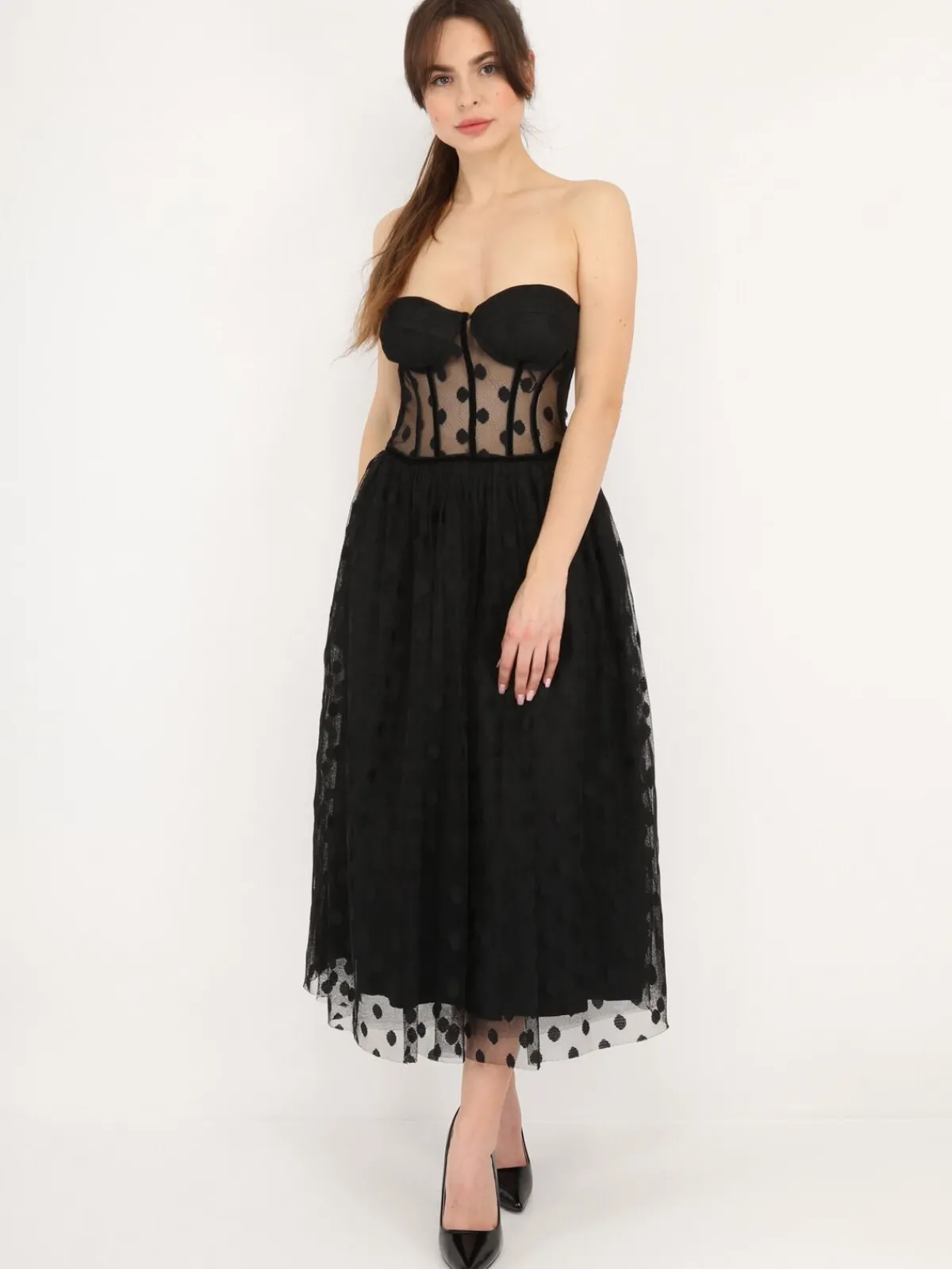 Outlet La Modeuse Robe corset en tulle à pois Noir