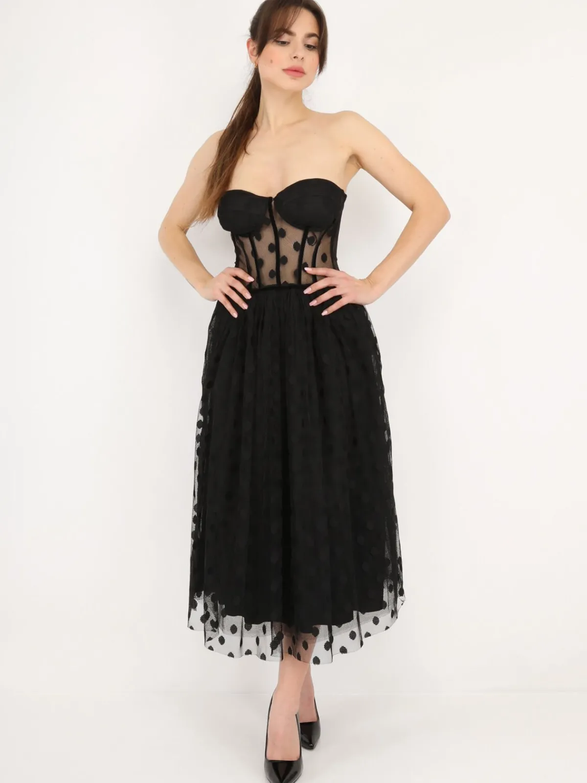 Outlet La Modeuse Robe corset en tulle à pois Noir
