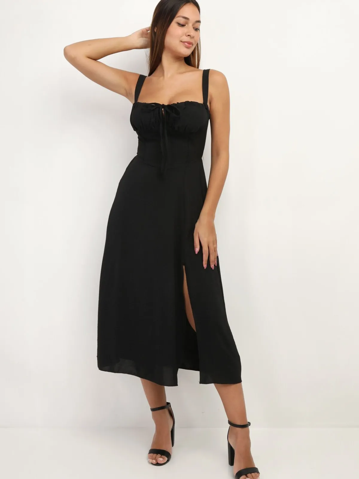 Clearance La Modeuse Robe corset mi-longue à fente Noir