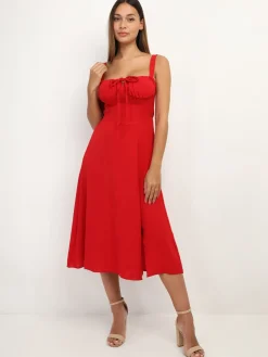 Clearance La Modeuse Robe corset mi-longue à fente Rouge