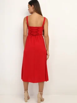 Clearance La Modeuse Robe corset mi-longue à fente Rouge