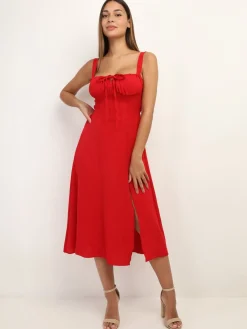 Clearance La Modeuse Robe corset mi-longue à fente Rouge