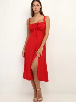 Clearance La Modeuse Robe corset mi-longue à fente Rouge