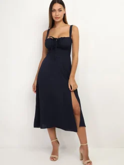 Discount La Modeuse Robe corset mi-longue à fente BleuMarine