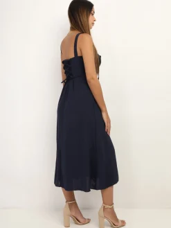 Discount La Modeuse Robe corset mi-longue à fente BleuMarine