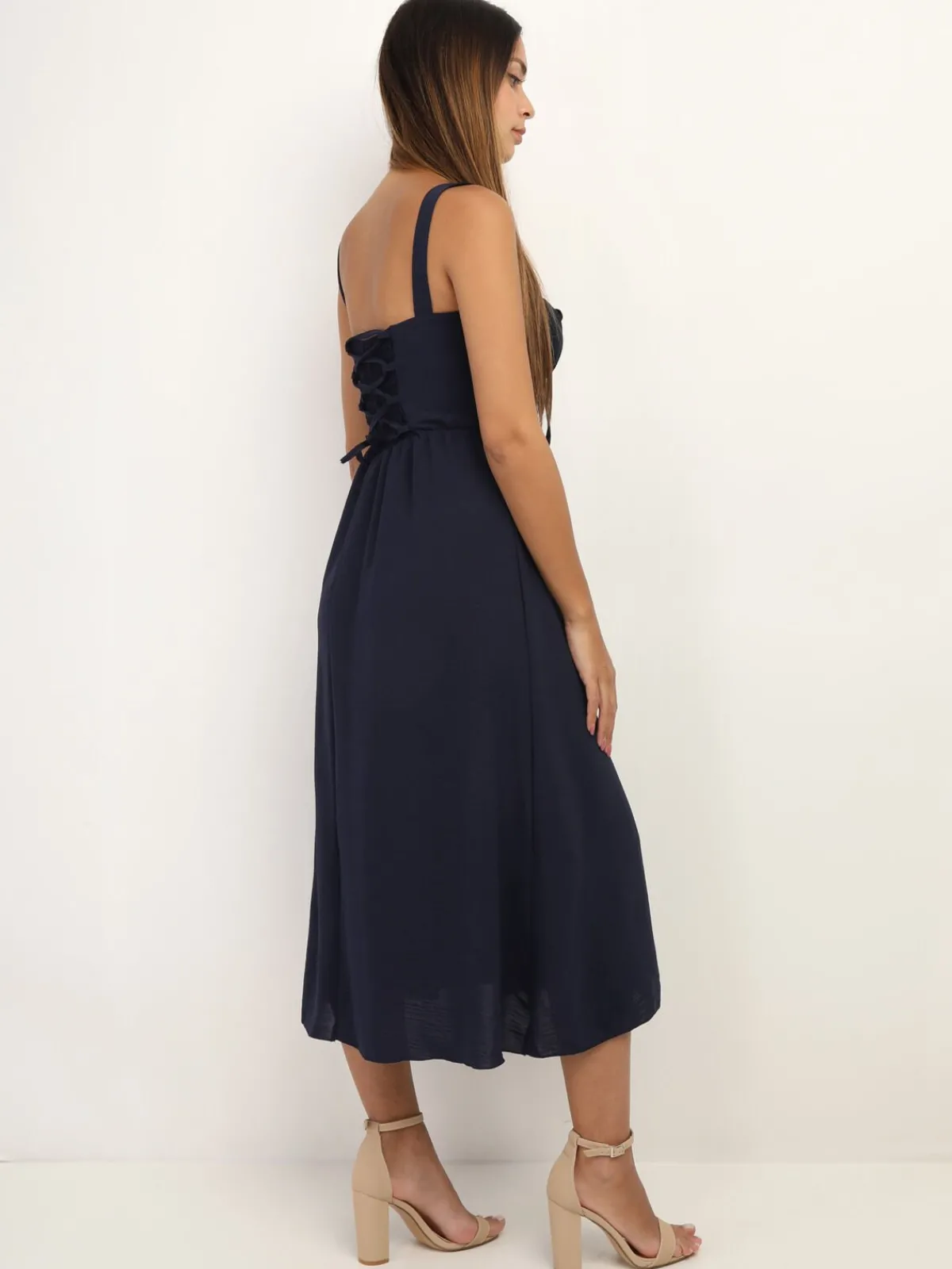 Discount La Modeuse Robe corset mi-longue à fente BleuMarine